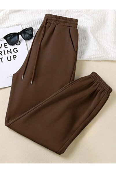 EXPECTED بنطال رياضي بني للجنسين مصنوع من مبطن بالصوف خيوط، ذو خصر مرتفع ومرن...