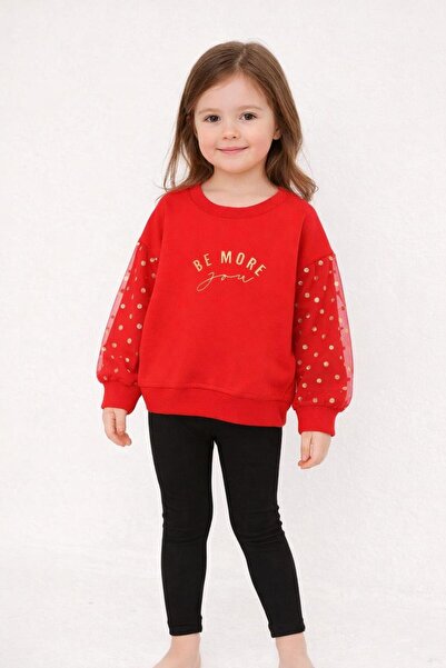 Wanex KIDS Kız Çocuk Tül Kol Detaylı Uzun Kollu Sweatshirt – Kırmızı (2–7 Yaş)