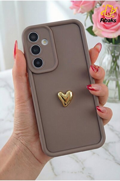 Fibaks Samsung Galaxy A54 Kılıf 3D Kalp Tasarımlı Kahverengi Desenli Yumuşak Kamera Korumalı Silikon Kapak