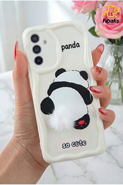 Fibaks Galaxy A54 Uyumlu Kılıf Tasarımlı Desenli Kamera Korumalı Panda Beyaz Püsküllü Silikon Kapak