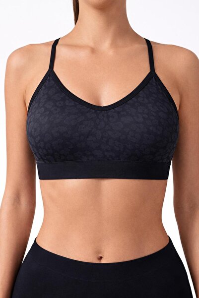 Adeniz Kadın Siyah Leopar Desen Çapraz Ince Ip Askılı Destekli Spor Sütyeni