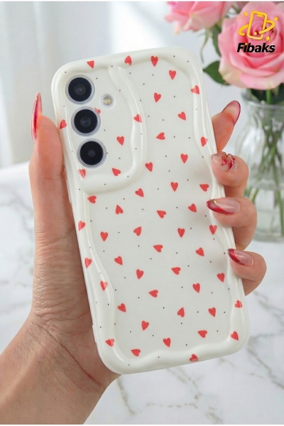 Fibaks Samsung Galaxy S20 FE Kılıf Kamera Korumalı Dalga Kenarlı Kırmızı Kalp Desenli Silikon Kapak