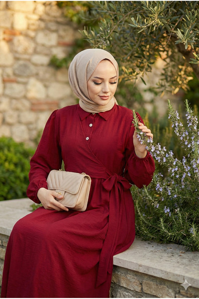 modamira Kadın Bordo Çilek Kumaş Önü Düğmeli Kapamalı Gömlek Yaka Boydan Tese...