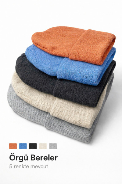 KISCHE Unisex Düz Basic Katlamalı Kışlık Yerli 5'li Bere Takımı