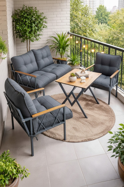 UFUK HOME Miray 211 Masalı Antrasit Fermuarlı Bahçe Balkon Takımı, Salon, Teras- Berjer Düğmeli Metal Çay Seti