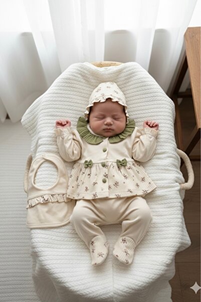 Cherub Baby Crispy Flower Ruffled 100% Cotton Newborn Baby Girl 5 Piece Natur...