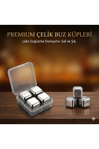 CALIBURN Tekrar Kullanılabilir Metal Buz Küpü - Paslanmaz Çelik Viski Taşı 4'lü Set