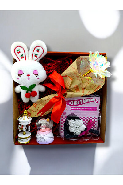 İNCİ sepette Romantik Hediye Kutusu – Sonsuzluk Gülü, Kar Küresi ve Mini Tavşan Konsept Set