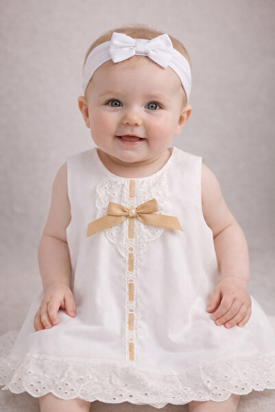 Superbaby Rochita alba eleganta pentru fetite si bentita asortata