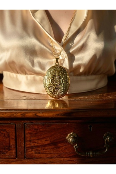 ayoljewelry Fotoğraf Yerleştirilebilir Çiçek Detaylı Gold Çelik Kolye