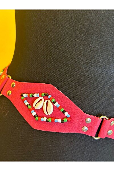 Gönülden Tasarım AUTHENTIC WOMEN BELT WITH RED LEATHER BEADS AND CLAMSHELL EM...