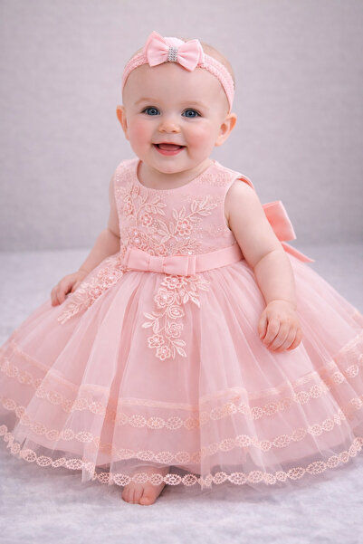 Superbaby Rochita roz de ocazie cu floricele dantelate