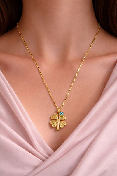 Bohan Accessories Dört Yaprak Yonca Detaylı Nazar Boncuklu Gold Çelik Kolye