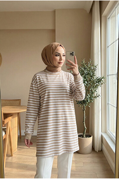 Bold Grup Moda Neva Kadın Bej Çizgili Tesettür Tunik