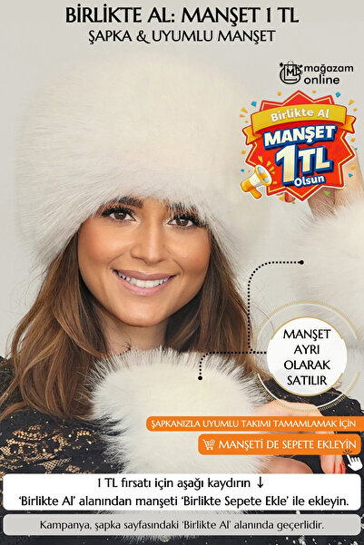 Mağazam Online قبعة كالباك طويلة الشعر على الطراز الروسي، قبعة شتوية من الفرو الصناعي النباتي - أبيض ناعم