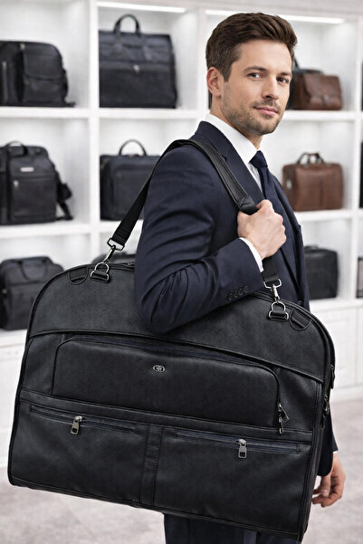 CANARİS Deri Takım Elbise Çantası Askılı Seyahat ve Taşıma Kolaylığı Siyah Ye...