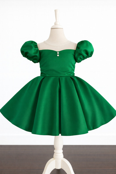 MUSGEM Özel Tasarım Zümrüt Yeşili Kısa Kol İnci Detaylı Kız Çocuk Abiye Elbise