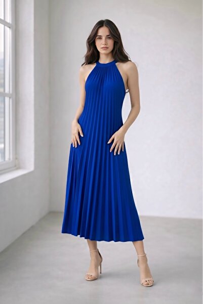 Elbikom Pileli kumaş elbise saks