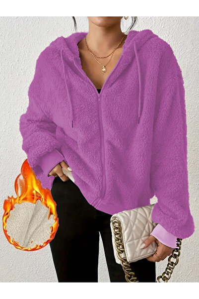 LG LAGULER Peluş Kumaş Uzun Kollu Kapüşonlu Hırka Kanguru Cepli Oversize Kışlık