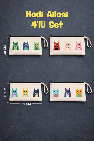 Kampanyalı Cute Kedi Ailesi Baskılı Fermuarlı Bez Kalemlik, Makyaj Çantası, El Çantası