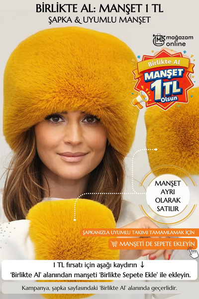 Mağazam Online Kabarık Yoğun Tüylü Peluş Suni Kürk Kalpak Şapka Kadın Kışlık Bere - Toscana Hardal