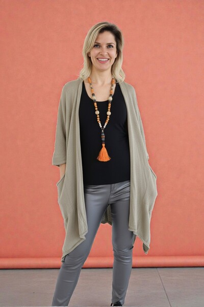 SHOPPEBUTİK Mink Color Knitwear Cardigan with Slit Pockets on the Sides