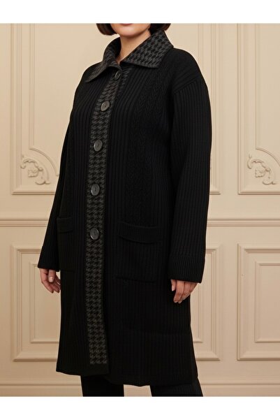 TEK Kışlık Triko Şık Desenli Çelik Örgü Ceket Hırka / Siyah