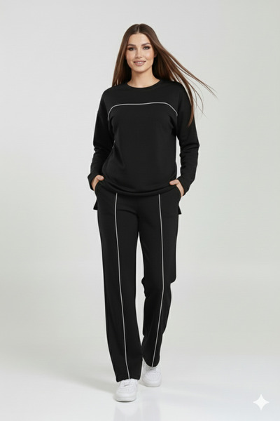 trendalisse Γυναικείο Μαύρο Σετ Μονόχρωμο Με Λεπτομέρεια Λευκής Περιγράμματισ...