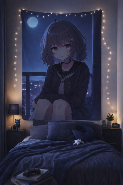 ALAMODECOR Ay Işığında Anime Kız Duvar Örtüsü Duvar Halısı