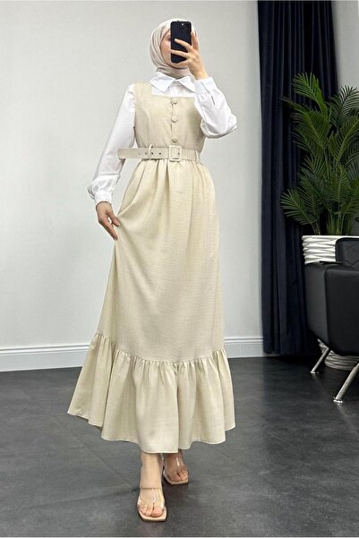 TRENDTESETTÜR KADIN BEJ (TAŞ) KEMERLİ JİLE ELBİSE T 7945