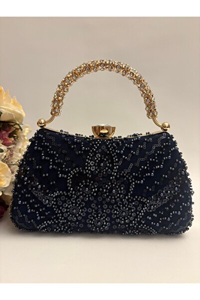 Ceylan Abiye Çanta - Koyu Lacivert Renkli Pullu ve Boncuklu Abiye Çanta