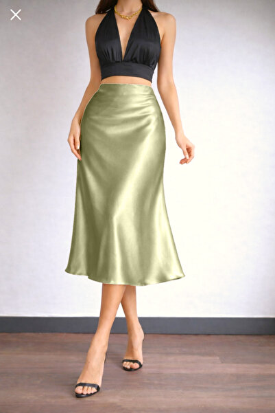 Kahra Collection Κομψή σατέν φούστα σε ανοιχτό χακί μήκους midi