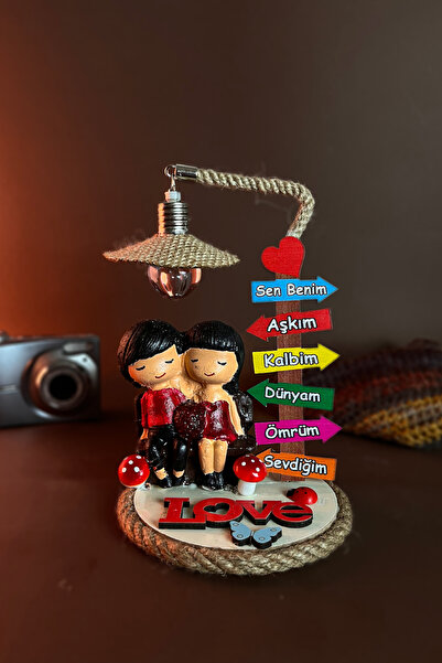 RİVRİVHEDİYELİK Tatlı Çift Biblo - Süs Işıklı Ahşap Ev Dekoru - Hediyelik Eşy...