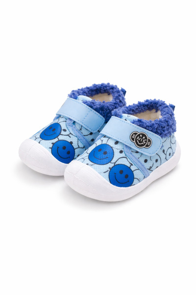 Superbaby Pantofi bleu pentru băieței pentru primii pași, îmblăniți, cu piuit...