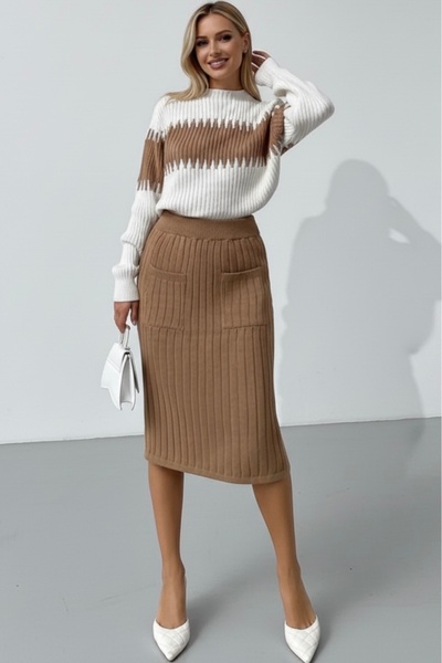 Esinty Set dublu de tricotaje de pulover de fustă cu buzunar maro pentru femei (maro)