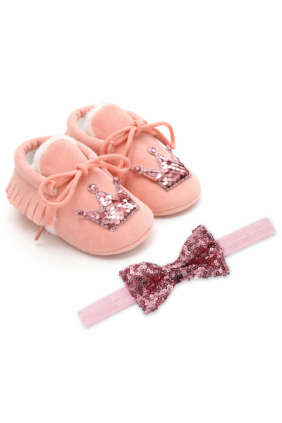 Superbaby Pantofiori roz pentru fetițe pentru primii pași, îmblăniți, cu bent...