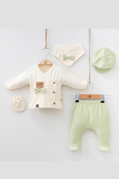 Cherub Baby Süzene Ribbed Newborn Baby Boy 5 Piece Hospital Discharge Bodysuit Set with Teddy Bear