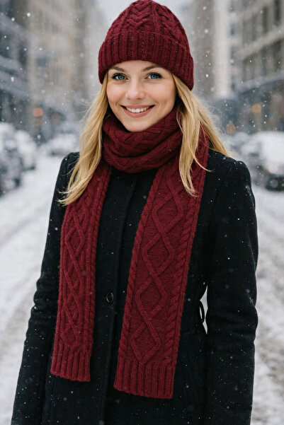 FELLMENS Tricotaj Burgundy Eșarfă tricotată pentru femei Set 2 piese 180x20 cm