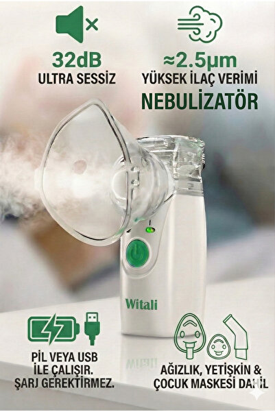 Witali Wollex Mesh Çocuklar ve Yetişkinler için Taşınabilir Nebulizatör PİLLİ ve USB den çalışır