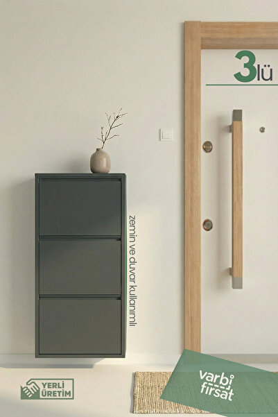 Varbifırsat 3’lü Metal Ayakkabılık | Duvar ve Zemin Kullanımlı | Antrasit