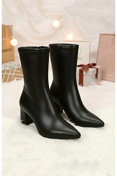 simplicity Cizme cu toc cu cusătură centrală din piele neagră