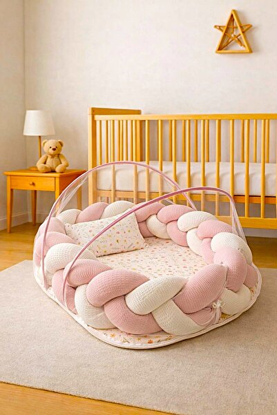 JULYA KİDS 3 Lü Örgü Cibinlikli 60*80 Cm Puantiyeli Desen Bebek Yatağı Pike Kumaş Ortopedik Yastık Babynest