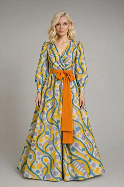 MERT ERKAN Karışık Desenli İpek Brokar/Tafta Kruvaze Maxi Elbise