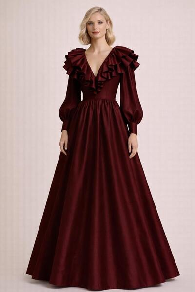 MERT ERKAN V-Yakalı & Fırfır Detaylı, Balon Kollu Tafta Maxi Elbise