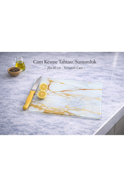 CONCEPT CAM Grey Gold 20X30 cm 4 mm Glass Cutting Board and Presentation Holder