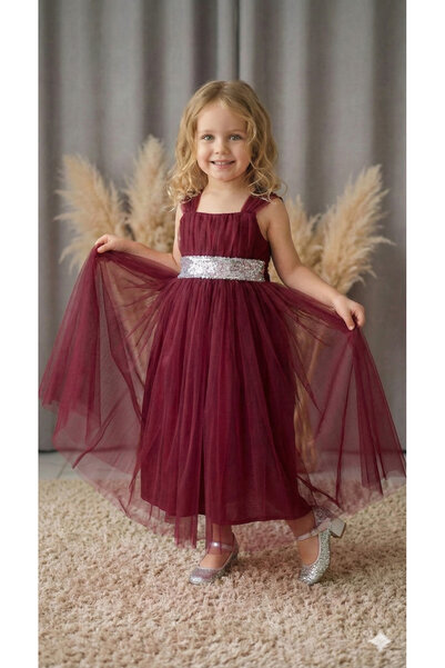 ay yılmaz Sırt Gipeli Tütü Etek Kız Çocuk Saten Parti Abiye Elbise BORDO