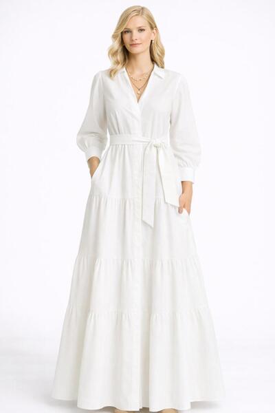 MERT ERKAN فستان طويل بطبقات وكشكشة من قماش البوبلين الأبيض