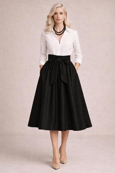 MERT ERKAN Siyah&Beyaz Color-Block Detaylı Midi Tafta Gömlek Elbise