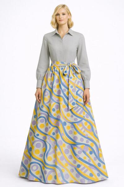 MERT ERKAN جزء القميص رمادي التفتا وتنورة نمط الديباج فستان قميص ماكسي