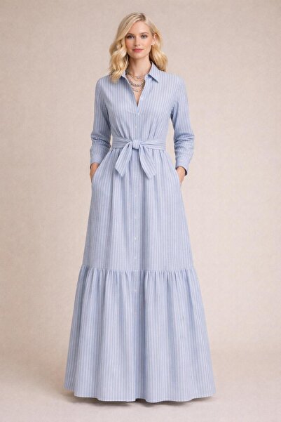 MERT ERKAN Kuşaklı & Fırfırlı Mavi&Beyaz Çizgili Poplin Gömlek Elbise